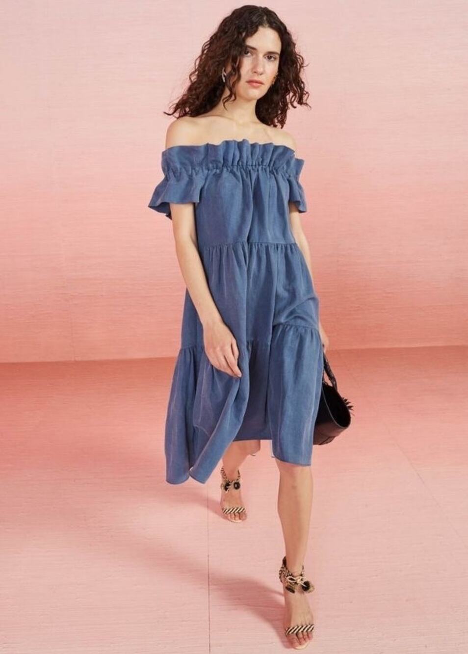 Ulla Johnson Off Shoulder Linen Chambray Tiered Midi Dress Size 4